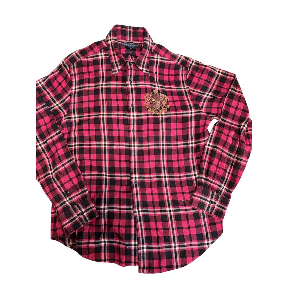 Ralph Lauren Plaid Embroidered Deer Crest Shirt Size 12 Cotton Silk Classic Fit - Picture 3 of 9